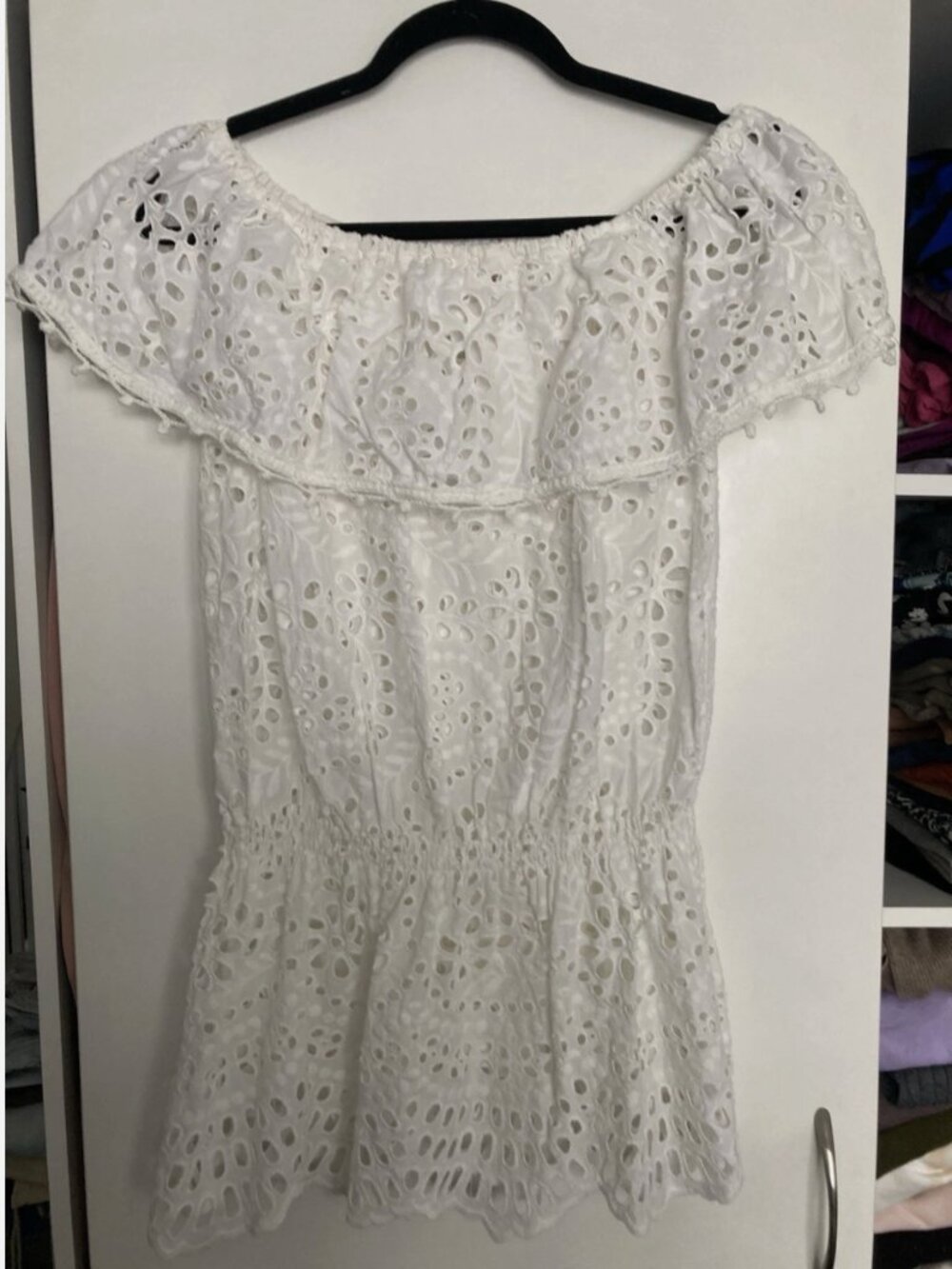 WOMENS MISS JUNE Paris WHITE EYELET SEE THROUGH OFF SHOULDER BLOUSE TOP SZ S